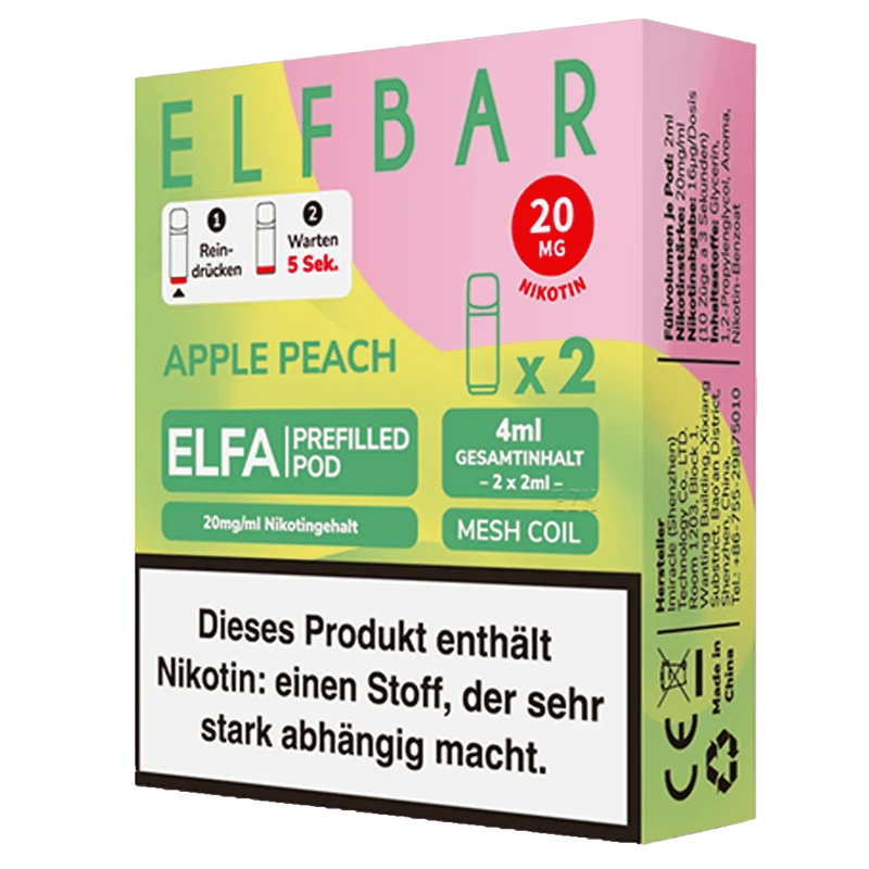 2x ELFBAR ELFA CP Prefilled Pod Apple Peach 20mg/ml ca. 600 Züge/Pod