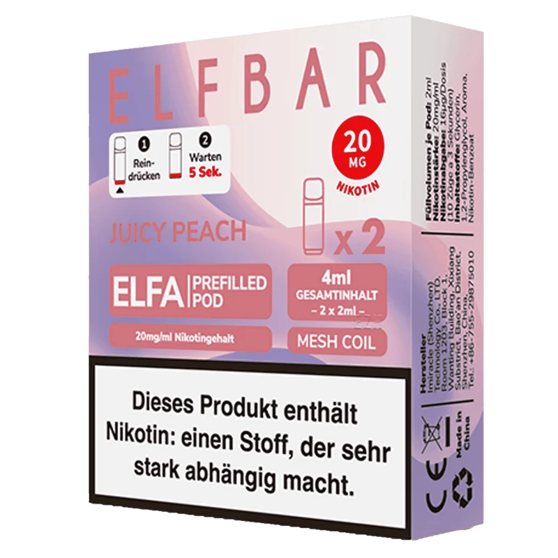 2x ELFBAR ELFA CP Prefilled Pod Juicy Peach (Peach Ice) 20mg/ml ca. 600 Züge/Pod
