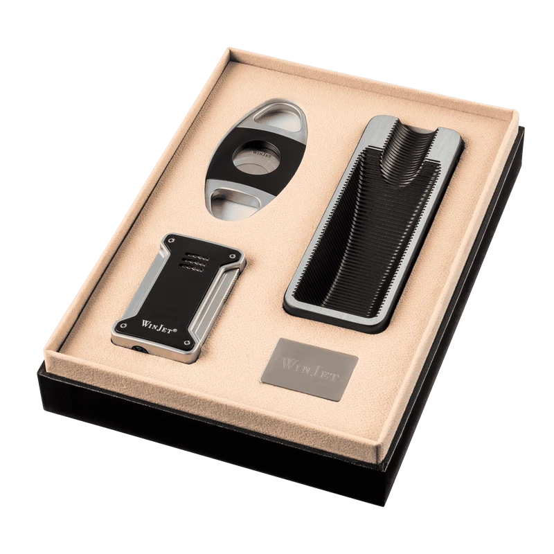Winjet Zigarren Set schwarz/silberfb., Cutter Ring 58, Jet-Feuerzeug u. Aschenbecher, in Geschenkbox