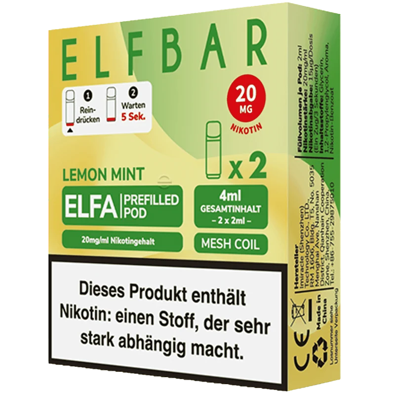2x ELFBAR ELFA CP Prefilled Pod Lemon Mint 20mg/ml ca. 600 Züge/Pod