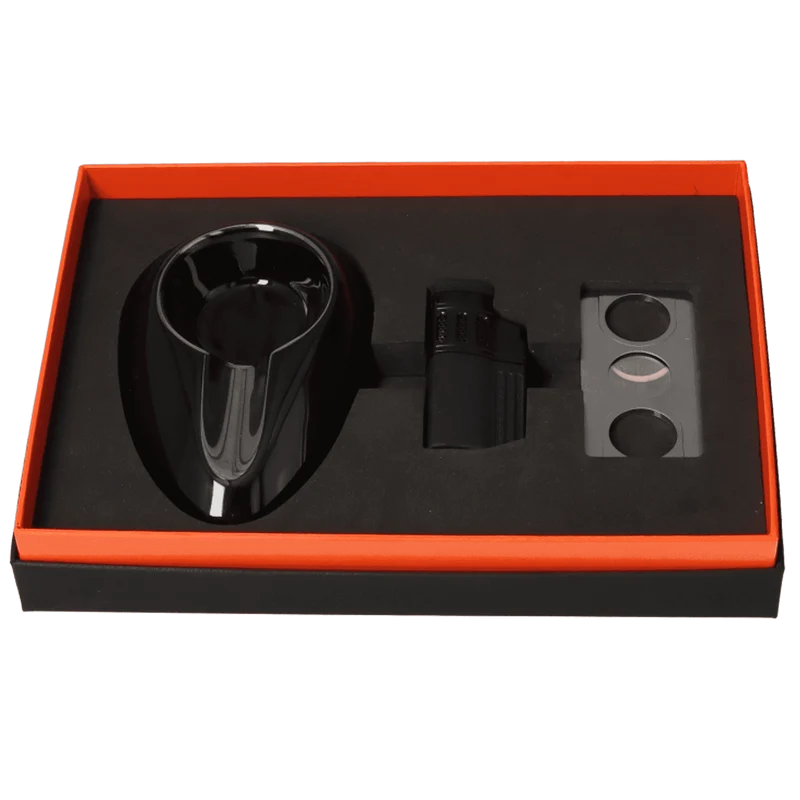 Angelo Geschenkbox Zigarrenascher schwarz+Cutter Ring 53+Feuerzeug 4x Jet mit Bohrer