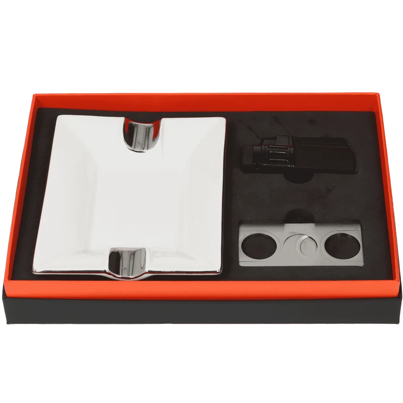 Angelo Geschenkbox Zigarrenascher weiß+Cutter Ring 53+Feuerzeug 4x Jet mit Bohrer