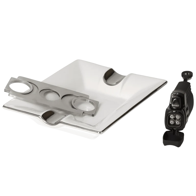 Angelo Geschenkbox Zigarrenascher weiß+Cutter Ring 53+Feuerzeug 4x Jet mit Bohrer