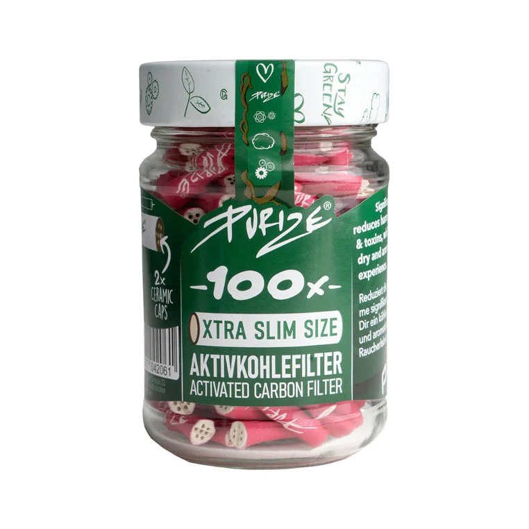 Purize Aktivkohlefilter Xtra Slim 6 mm im Glas – Pink (100 Stk.)