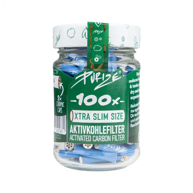 Purize Aktivkohlefilter Xtra Slim 6 mm im Glas – Blue (100 Stk.)