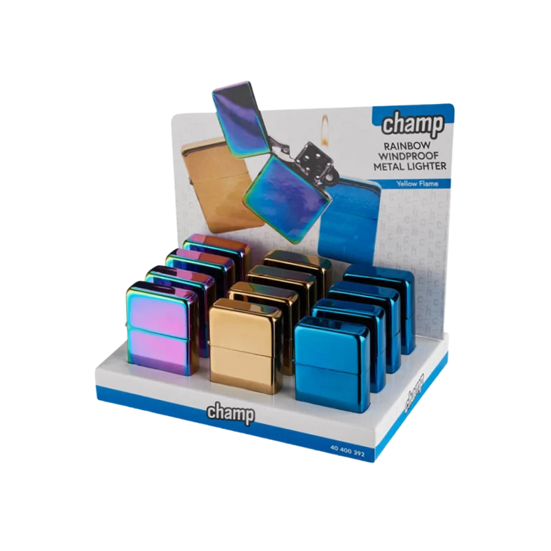 CHAMP Benzinfeuerzeug - Rainbow - Windproof 12er Display