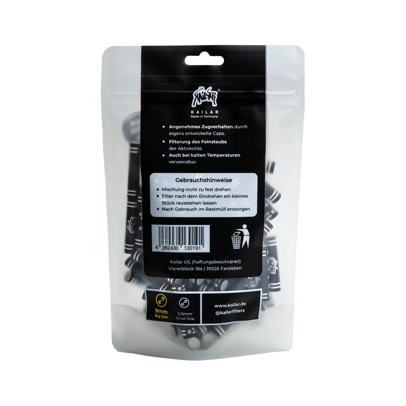 Kailar BIG Size Black – Aktivkohlefilter 9mm, 100 Stück