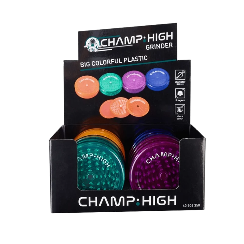 Champ High Kunststoff Grinder 90 mm, 3-teilig – Display, 12 Stück