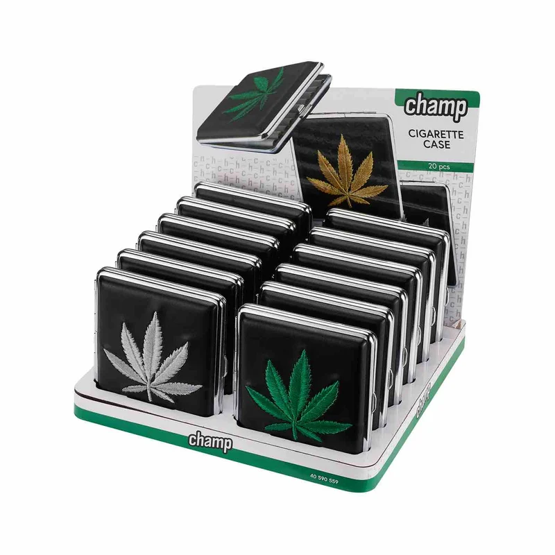 Champ Zigarettenetui Hemp Leaf gestickt – 20er, Display 12 Stück