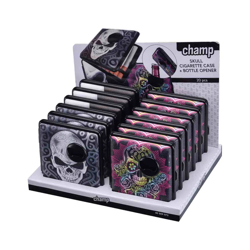 Champ Zigarettenetui Totenkopf & Flaschenöffner – 20er, 12 Stück