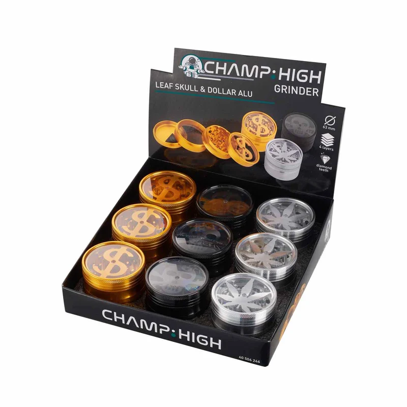 Champ High Grinder Dollar/Skull/Hemp Leaf – 63 mm, 4-teilig