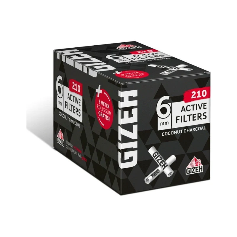 GIZEH Black Active Filter 6mm Box 210 Stück + gratis Rolls Slim 5m