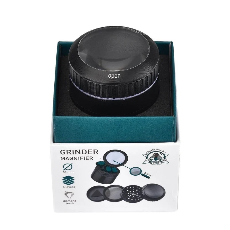 Champ High Grinder Magnifier Black mit Lupe – 50 mm, 4-teilig