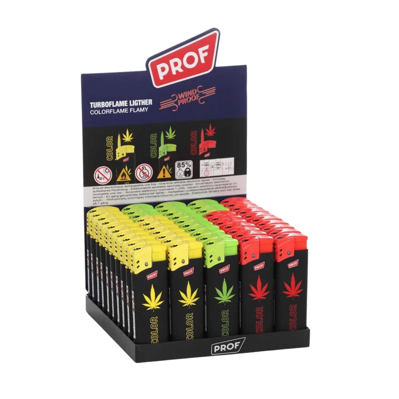 PROF Hemp Leaf Turboflame Feuerzeug Multicolor – Display 50 Stück