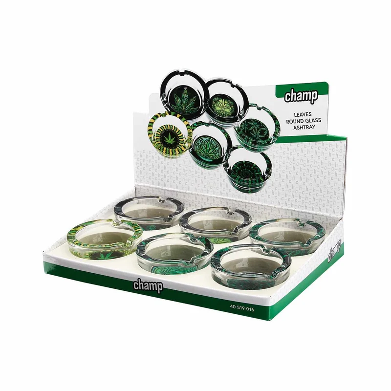 Champ Hemp Leaves Glas Aschenbecher rund – Display 6 Stück