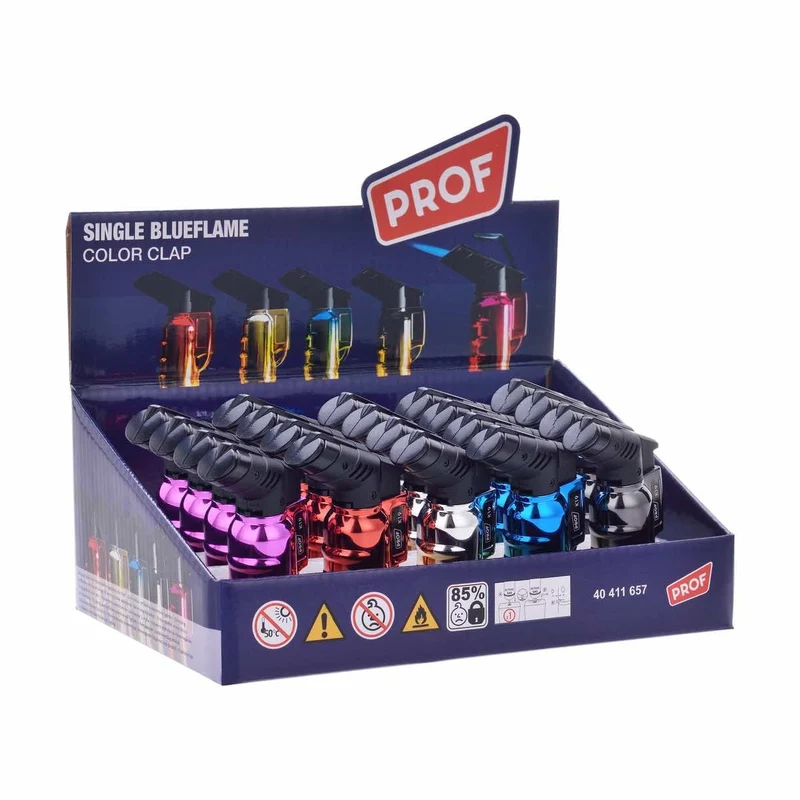 PROF Metallic Clap Jetflame Blue – Jet Feuerzeug, 20er Display