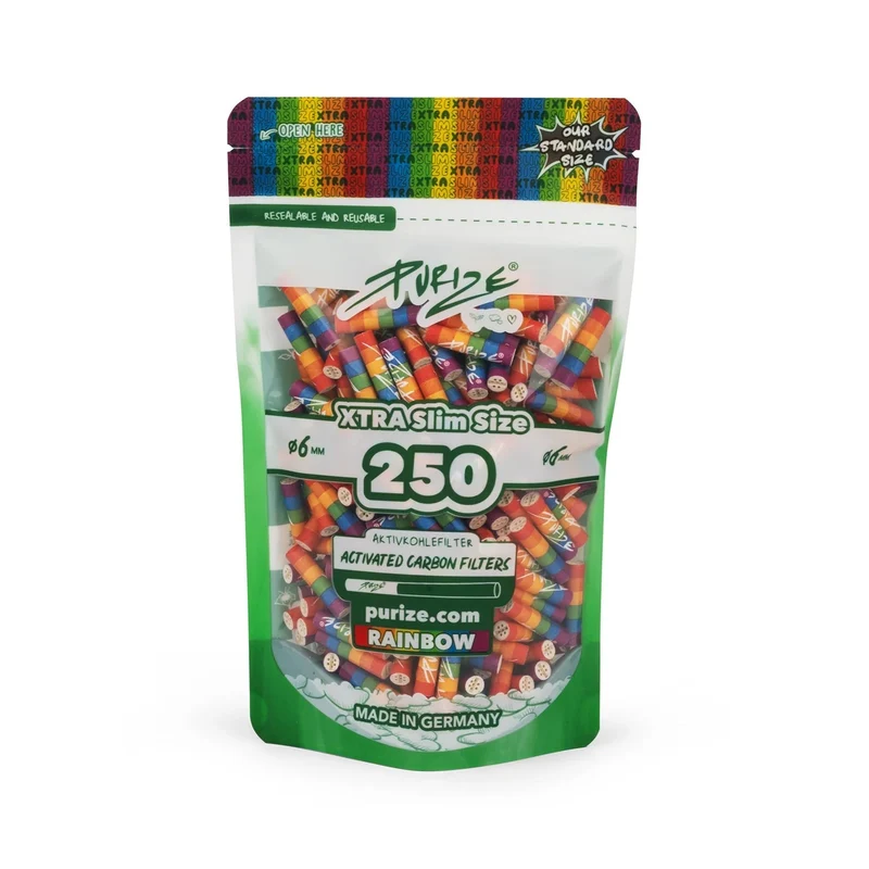 Purize Xtra Slim Size Rainbow – Aktivkohlefilter 6mm, 250 Stück