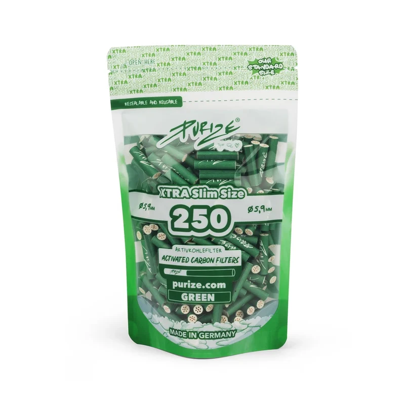 Purize Xtra Slim Size Green – Aktivkohlefilter 6mm, 250 Stück