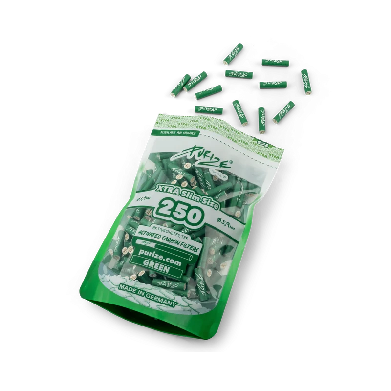 Purize Xtra Slim Size Green – Aktivkohlefilter 6mm, 250 Stück