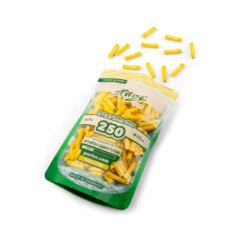 Purize Xtra Slim Size Yellow – Aktivkohlefilter 6mm, 250 Stück