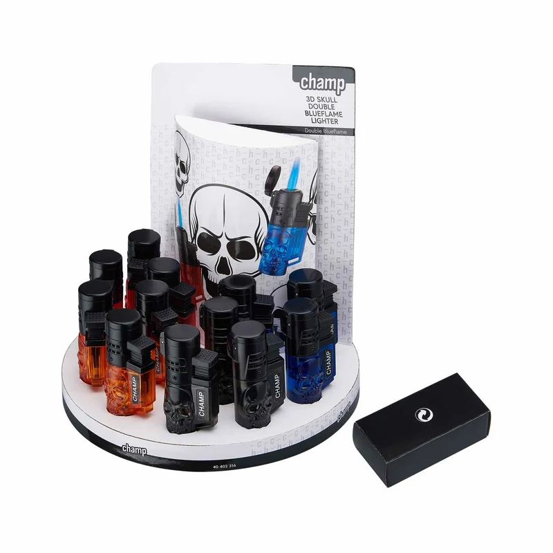 Champ Skull Feuerzeug 2 blaue Flammen – Display, 12 Stk.