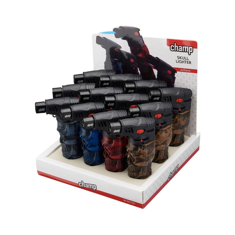 Champ Skull Feuerzeug Jetflame Blue – Display, 12 Stk.