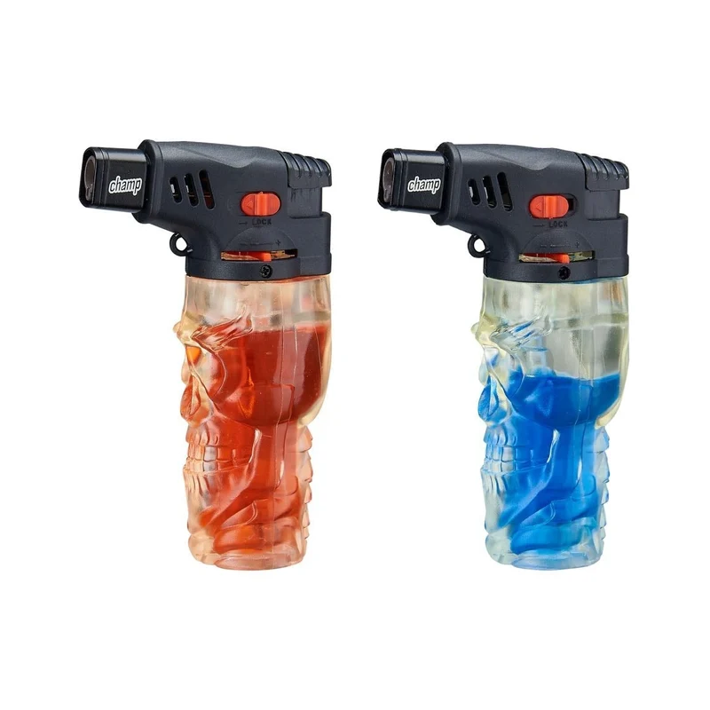 Champ Skull Feuerzeug farbiges Gas Red/Blue – Display, 12 Stk.