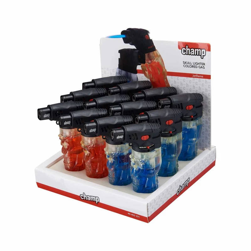 Champ Skull Feuerzeug farbiges Gas Red/Blue – Display, 12 Stk.