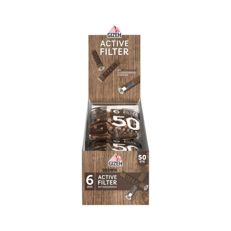 GIZEH Brown Active Aktivkohlefilter 6 mm – Display, 10 Beutel à 50 Stück