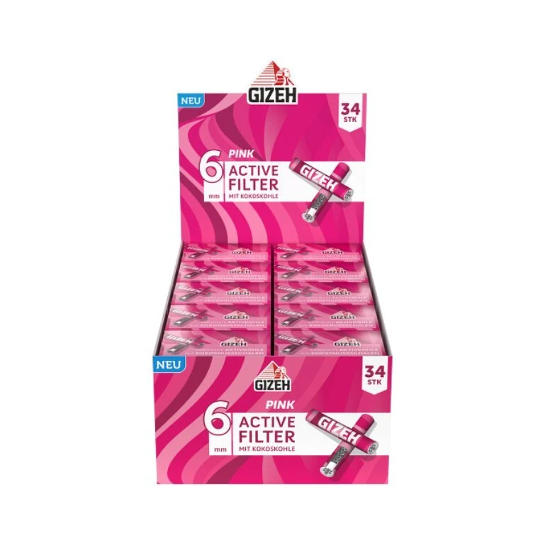 GIZEH Pink Active – Aktivkohlefilter 6mm, 34 Stück Packung