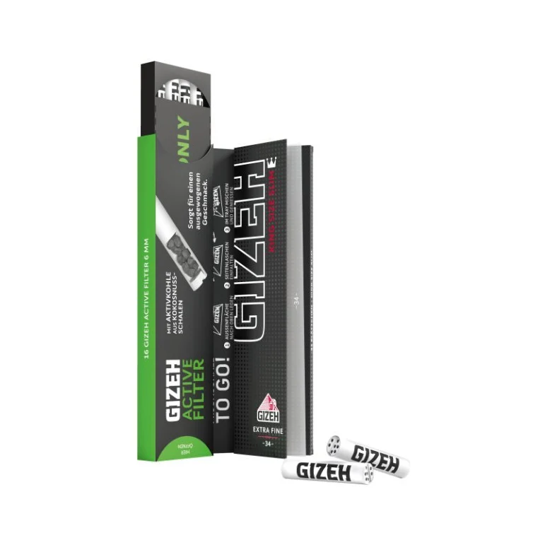 GIZEH Black King Size Slim Papers + Active Filter 6 mm – Display, 16 Hefte