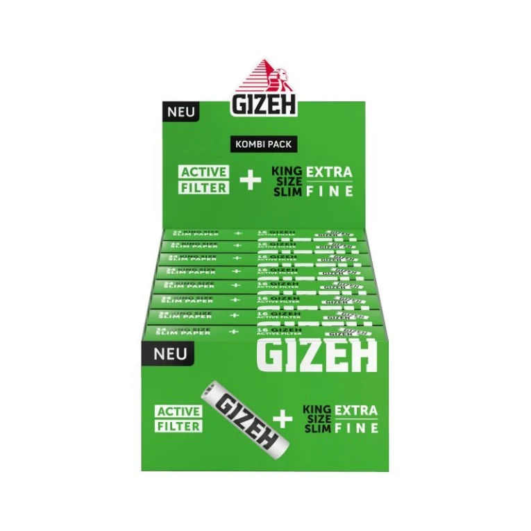 GIZEH Black King Size Slim Papers + Active Filter 6 mm – Display, 16 Hefte