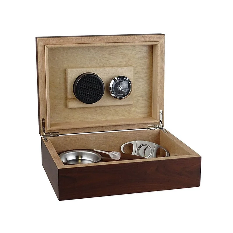 Cigar Humidor i Brunt Træ med Askebæger og Klipper