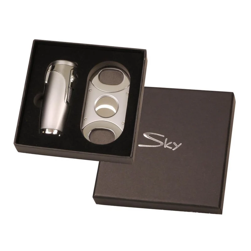 SKY 3-flame Jet Lighter med Cigar Cutter i Chrome