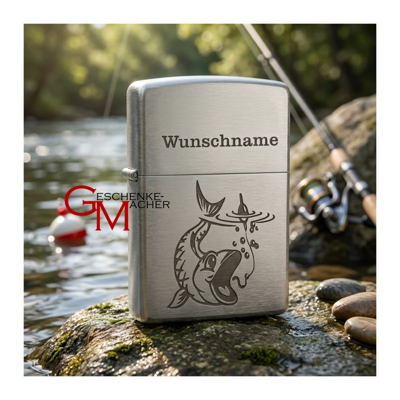 Fisch an der Angel mit Wunschname - Zippo graviert