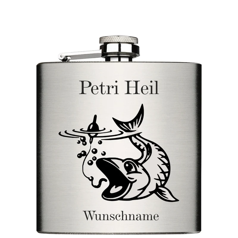 Petri Heil und Fisch an der Angel und Wunschname personalisierter Edelstahl Flachmann 6oz mit Lasergravur