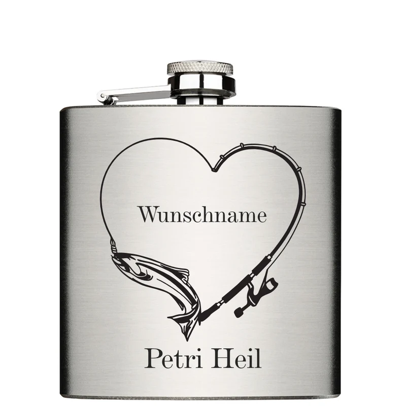 Petri Heil Fisch an der Angel mit Wunschname personalisierter Edelstahl Flachmann 6oz mit Lasergravur