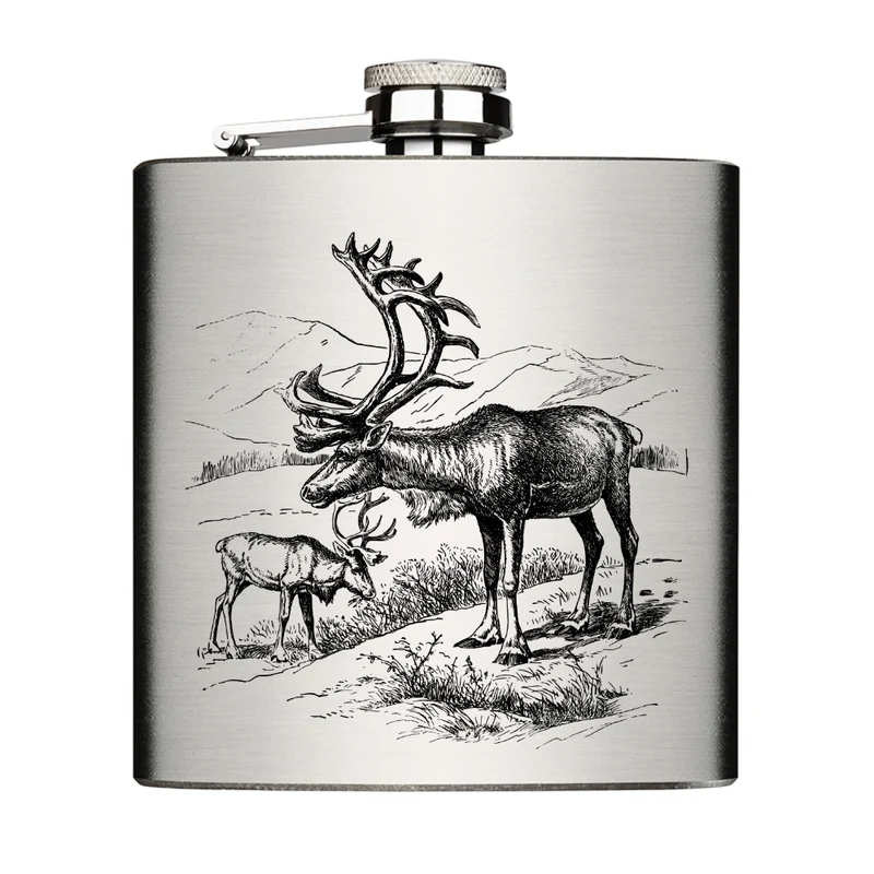 Rentier Rendeer Flachmann Chrome Brushed aus Edelstahl 6oz mit Lasergravur