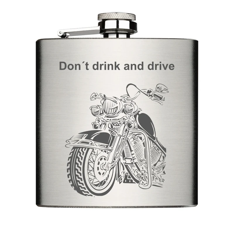 Motorrad Dont´drink and drive Flachmann Chrome Brushed aus Edelstahl 6oz mit Lasergravur