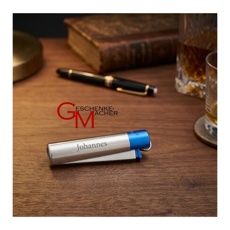 Clipper Metall-Feuerzeug silber-blau mit Gravur I Geschenke-Macher