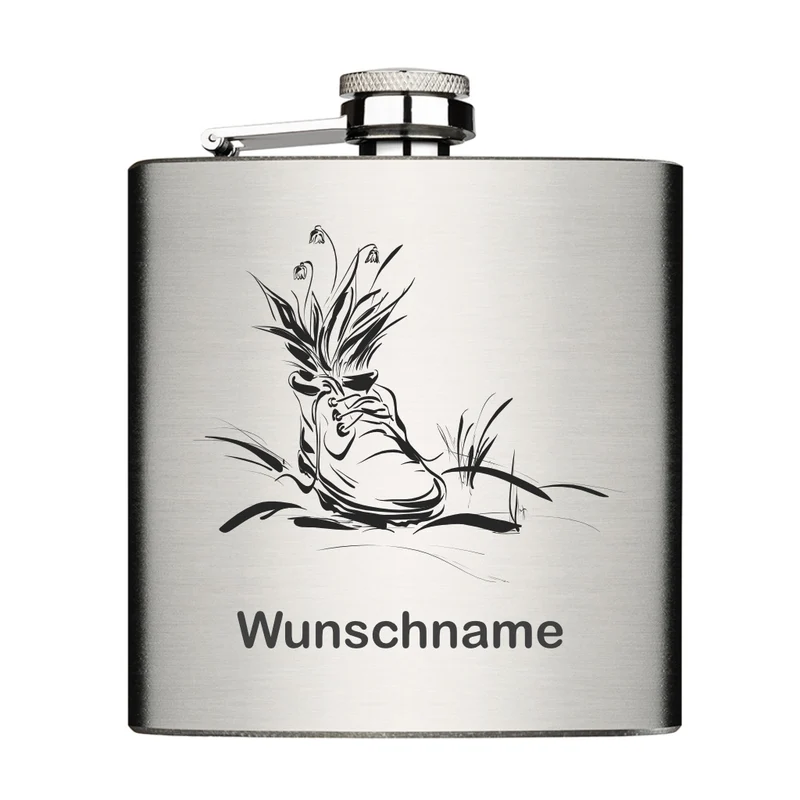 Wanderschuh mit Blumen und mit Wunschname personalisiert Edelstahl Flachmann 6oz mit Lasergravur