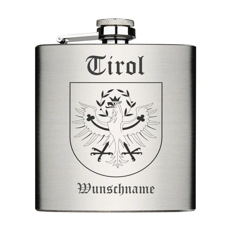 Tiroler Adler mit Wunschname personalisierter Edelstahl Flachmann 6oz mit Lasergravur