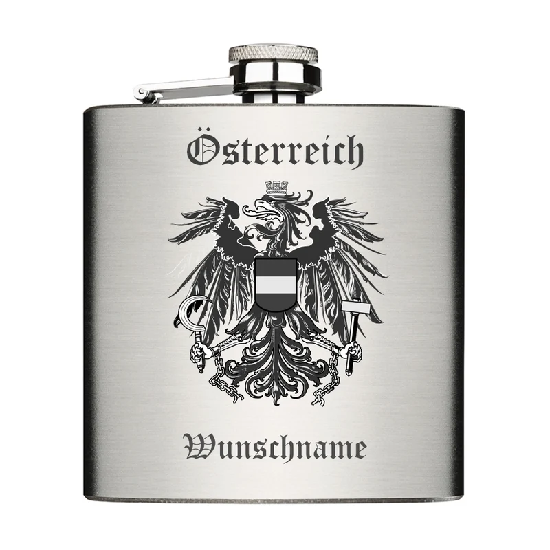 Österreich Adler mit Wunschname Edelstahl Flachmann 6oz mit Lasergravur