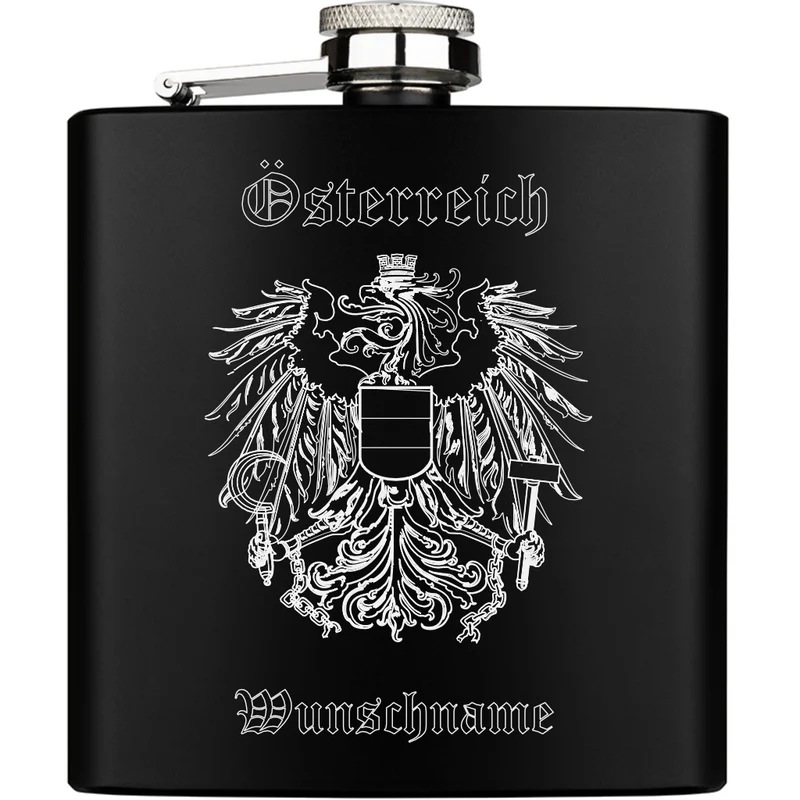 Österreich Adler mit Wunschname Edelstahl Flachmann 6oz mit Lasergravur