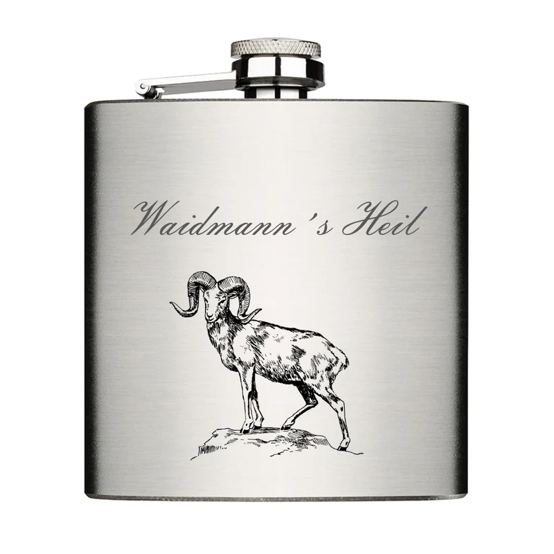 Waidmann´s Heil Steinbock Flachmann Chrome Brushed aus Edelstahl 6oz mit Lasergravur