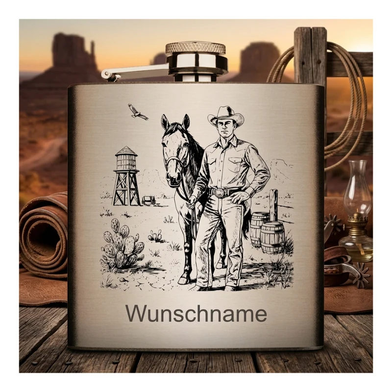Cowboy personalisierbar - Edelstahl Flachmann chrom gebürstet