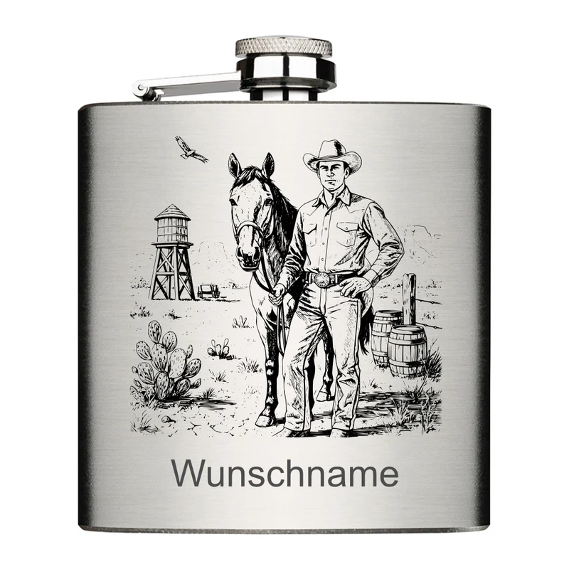 Cowboy personalisierbar - Edelstahl Flachmann chrom gebürstet