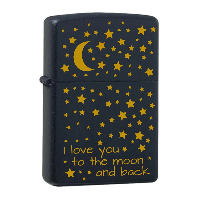 I love you to the moon and back mit Mond und Sterne Black Matte mit Messing-Kern Original Zippo graviert