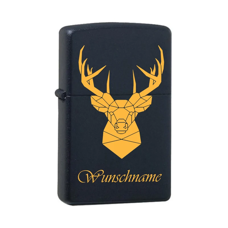 Hirsch mit Wunschname Black Matte mit Messing-Kern Original Zippo graviert