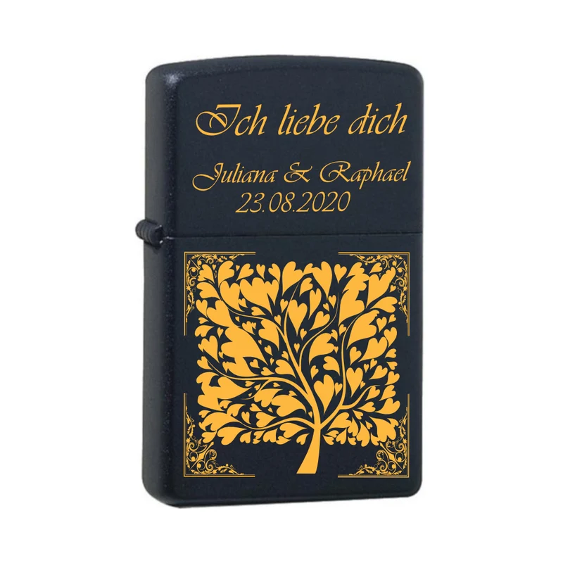 Ich liebe dich mit zwei Namen und Datum mit Herzbaum Zippo Black Matte mit Messing-Kern Original Zippo graviert